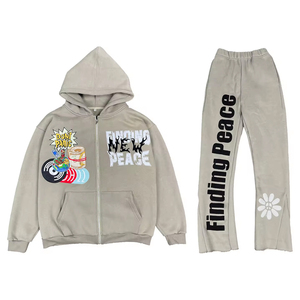 Customized Design Distressed Embroidery Men <b>Flared</b> Tracksuits Custom Vintage Washed Distressed Acid Wash <b>Flared</b> Men Tracksuits - Product Image 2