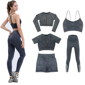 Ensemble de sport personnalisé sans couture pour femmes soutien-gorge complet côtelé délavé à l'acide 5 pièces Leggings de yoga taille haute vêtements de sport fitness - Product Image 1