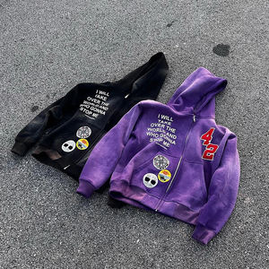 Sudaderas con Capucha y Cremallera para Hombre, 100% Algodón Tejido, Lavado Ácido, Efecto Desgastado por el Sol, con Parche de Chenilla y Pedrería Personalizada - Product Image 2