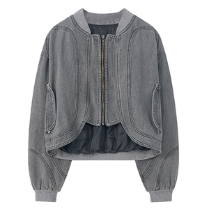 Custom high quality 100% cotton heavyweight U Bottom Vintage Acid Washed <b>Denim</b> <b>Jacket</b> Distressed Zip Up <b>Cropped</b> Factory Hoodies - Product Image 2