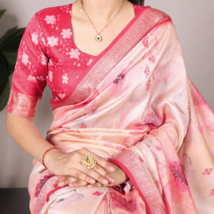 ชุดส่าหรีผ้าไหมลายดอกไม้สุดอินเทรนด์เสื้อเบลาส์เนื้อผ้าวิสคอส - Product Image 1