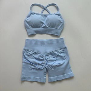 Conjunto de gimnasio de Yoga para mujer, 2 piezas, antiestático, sin costuras, Spandex/nailon, pantalones cortos de entrenamiento, Sujetador deportivo sin espalda, pantalones cortos para Fitness - Product Image 5