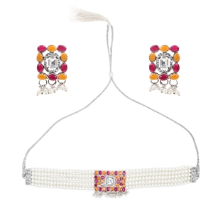 สร้อยคอโมติสี่เหลี่ยมสีส้มแดงกับเพทายสำหรับงานแต่งงาน - Product Image 3