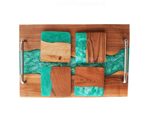 2023ชุดถาดรองแก้ว4ชิ้นพร้อมถาดรองแก้วไม้อีพ็อกซี่สีเขียวเมทัลลิก - Product Image 4