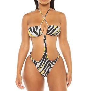 Conjunto de bikini de sublimación para mujer Traje de baño de dos tonos de 1 pieza con cordón y diseño de bloque de color Patrón de letras - Product Image 5