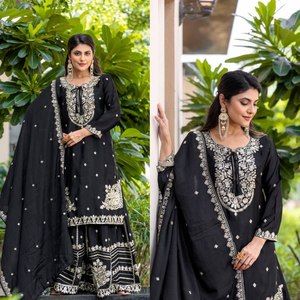 Pure Chinnon Collection Heavy bordado secuencia trabajo completamente cosido vestido de novia Top Dupatta Set Salwar Kameez listo para usar - Product Image 1