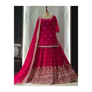 Indian Ethnic Clothing Faux Georgette with Heavy 5mm Embroidery Sequence Work with Sleeves Top & Skirt Salwar Suit