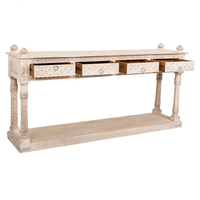 Table console moderne en bois de manguier blanc vieilli avec quatre tiroirs sculptés fabriqués à la main pour villa, hôtel, salon et couloir