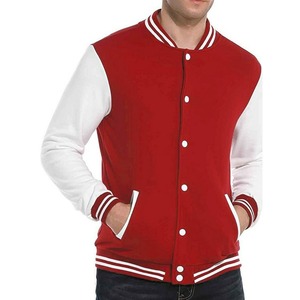 Recién llegado, chaqueta de cuero blanco genuino Letterman School University con cuello levantado, Mangas de béisbol de algodón y lana roja - Product Image 4