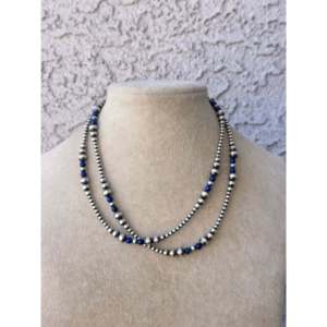 Collier style Navajo en lapis-lazuli et perles d'eau douce, avec chaînes en argent sterling en forme de boule/ancrage/chiffre, design perlé tendance pour cadeaux - Product Image 1