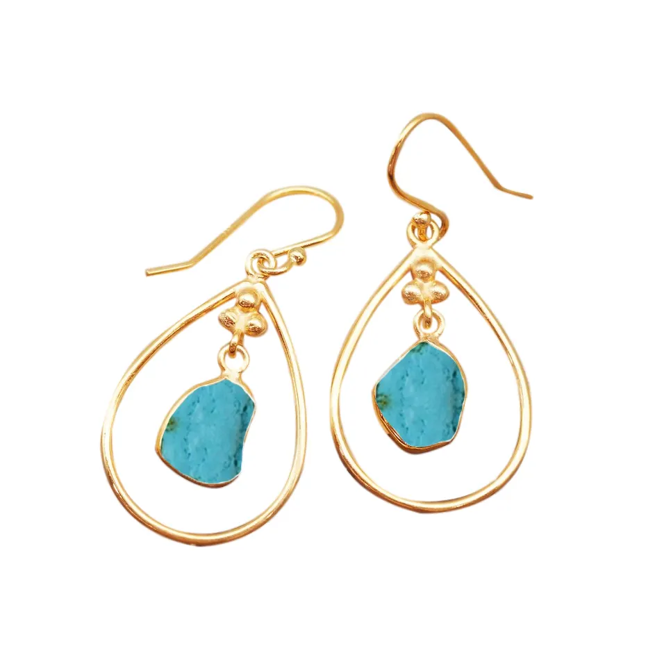 Genuine Rough Turquoise Gemstone Size 8-10mm Gold Electroplated Edge With 25x17mm Pear 925 Sterling Silver Drop Dangle Earring