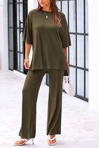 Womens 2 Piece Outfits 2025 Loose <b>Short</b> Sleeve Pullover Tops & <b>Wide</b> <b>Leg</b> Pants Lounge Sets Tracksuit for Summer - Product Image 3