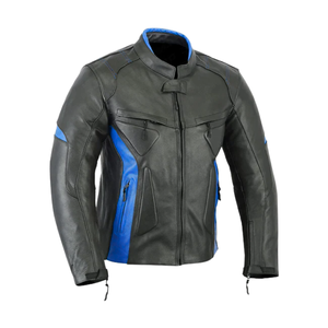 Veste d'équitation de moto en cuir de vachette véritable noir avec panneaux bleus Protections CE veste de moto de course sur route pour hommes - Product Image 3