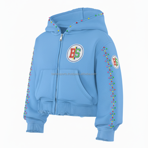 Haute qualité 365 GSM Terry coton fermeture éclair à capuche bleu ciel couleur broderie Logo perle détaillant bases personnalisables à capuche - Product Image 3