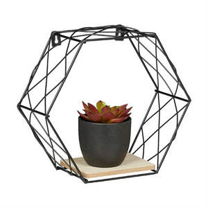 Support mural noir en forme d'hexagone support de rangement mural métal et bois pour la maison salon support mural décoratif - Product Image 2