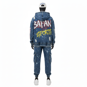 <b>Men</b> Streetwear <b>Denim</b> Tracksuit GSM Premium Cotton Blend Spray Wash Hoodie And Cargo <b>Joggers</b> With CustomLogo plus size Tracksuits - Product Image 2