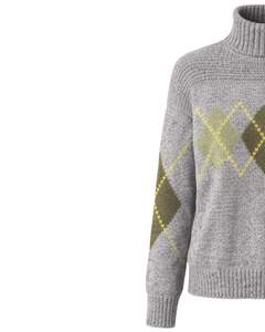 Suéter de Punto Personalizado de Primera Calidad para Hombre, Cuello Alto, Diseño Argyle, Suave y Cálido para Invierno, Informal, Color Gris, Verde y Amarillo - Product Image 4