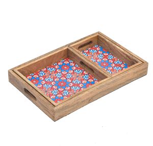 Ensemble de 3 plateaux de service en bois à motifs floraux multiples, faits à la main en bois de manguier, organisateur de cuisine, ensemble cadeau durable pour un usage domestique - Product Image 3