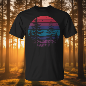 Camiseta vintage retro con diseño de puesta de sol, bosque, árboles de pino, naturaleza al aire libre - Product Image 3