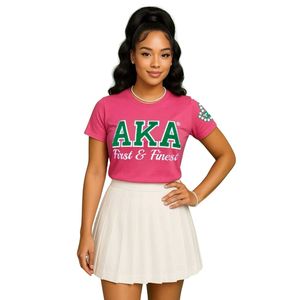 AKA prima e più bella maglietta in ciniglia di edera rosa con lettere bianche verdi per abbigliamento da confraternita in cotone camicia ricamata - Product Image 2