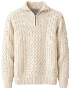 Manufacturer Customized Mens Quarter Zip <b>Cable</b> <b>Knit</b> <b>Sweater</b> White Textured Pattern High Neck Warm Winter Pullover OEM - Product Image 1