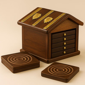 Rustic Wooden Coaster Set with Holder Set of 6 Drink Coasters for <b>Table</b> <b>Protection</b> Stylish Home and Kitchen Decor - Product Image 1