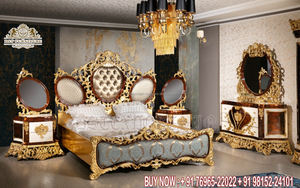 Juego de dormitorio Maharaja de madera de teca exclusivo, juego de dormitorio de estilo clásico de cama de madera de teca, cama de madera de teca de oro blanco con taburetes laterales - Product Image 4