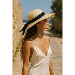 Chapeau de paille large beige avec nœud HSR2081 - Beige - Product Image 2