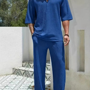 ชุดสูทลำลองย้อนยุคของผู้ชายสำหรับฤดูใบไม้ผลิและฤดูร้อน, 2025เสื้อเชิ้ตแขนสามส่วนทรงหลวมกางเกงเชือกรูดชุดชายหาดสองชิ้น - Product Image 5