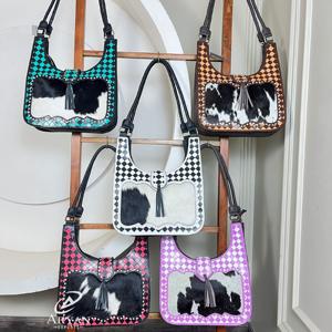 Sacs à bandoulière en cuir à carreaux marron et brun avec logo personnalisé de luxe 2026, sacs à main de luxe en cuir de vache véritable pour femmes - Product Image 1