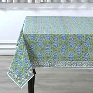 Mantel bohemio de algodón indio hecho a mano, mantel de comedor elegante con estampado floral de niebla verde - Product Image 3