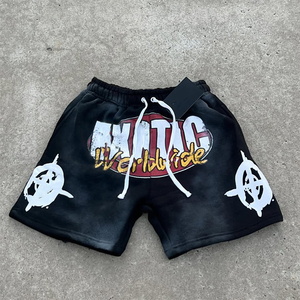 Pantalones cortos descoloridos de Sol de moda americana para hombre de alta calidad con pantalones cortos de diamantes de imitación, pantalones cortos con dobladillo Rew de lavado ácido con serigrafía personalizada para hombre - Product Image 3