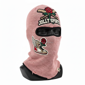 Balaclava pour femmes Premium 280 GSM Tissu tricoté doux Couleur rose chiné avec broderie Patchs logo personnalisés balaclava - Product Image 4