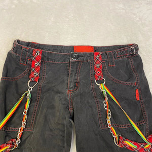Pantalon noir à carreaux avec fermetures éclair à chaîne, pantalon large à carreaux rouges, style grunge gothique pour femmes, 2026 - Product Image 6