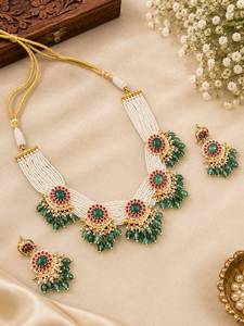 TISHYA DIAMOND Gold Plated Alloy Necklace Earring <b>Set</b> Ruby Brilliant Cut Imitation <b>Pearl</b> Tassel Ethnic Wedding <b>Jewelry</b> Women - Product Image 2