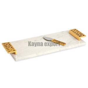 Offre spéciale Plateau décoratif en marbre blanc bord doré avec poignée design en métal doré - Product Image 6