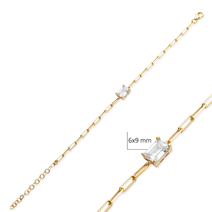 Paperclip Chain Baguette Cut CZ Stone Design Wholesale Turkish Handmade 925 Sterling Silver <b>Charm</b> Bracelet Jewelry - Product Image 3