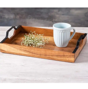 Trending Bandeja DE SERVICIO DE MADERA Mango de metal Calidad Exportación Utensilios de cocina Rectángulo Bandeja decorativa multifuncional para alimentos - Product Image 4