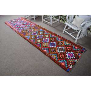 Vintage Turkish Rug, <b>Runner</b> 2.8x10.2 ft (84x310 cm) Rug, <b>Red</b> Check Wool Rug - Product Image 4