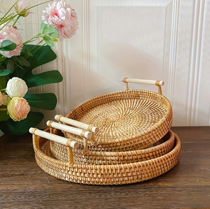 Ensemble de 3 plateaux de service ronds en rotin tressé à la main, écologiques, décoratifs, avec poignée, pour la maison, l'hôtel, recyclables, durables - Product Image 2