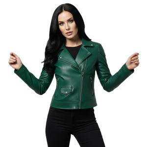 Custom Hang Tag Green Leather Motorbike Jacket Women Bulk Wholesale Factory Price Genuine Biker Style <b>Ladies</b> Fashion <b>Coat</b> OEM - Product Image 1