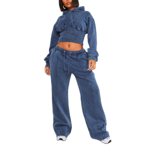 <b>Top</b> Custom Logo <b>Fleece</b> Cotton Vintage Wash <b>Women</b> 2 Pieces Set Pullover Cropped Hoodie and Jogger Sweatpants Tracksuit Set 2025 - Product Image 4