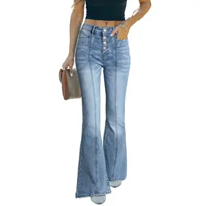 Jeans évasés pour femmes bleu taille haute jambe large cloche bas Denim pantalon Petite mouche tissu fermeture éclair taille