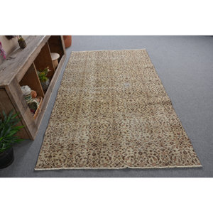 Alfombra de lana marrón beige turca vintage de 4,5x7,7 pies patrón de retazos rectangular de área grande clásico para adolescentes con respaldo de látex - Product Image 3