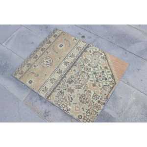 Vintage Turkish Rug, 2.1x2.7 ft Rug, <b>Brown</b> Green Bordered <b>Wool</b> Rug - Product Image 2