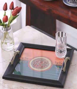 Plateau de service décoratif de plateau vert orange peint à la main pour la table de petit déjeuner décor décoratif de table basse de comptoir de cuisine - Product Image 4