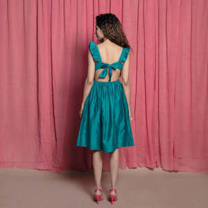 ชุดเดรสสำหรับสาวออฟฟิศหรูหรามีแขนยาวระดับเข่าสีไวน์แดงฟ้า - Product Image 3
