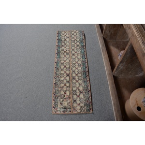 Alfombra Pequeña Vintage de 1.2x3.7 pies, Alfombra Turca Marroquí de Lana Azul Marrón - Product Image 1