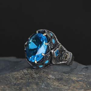 Anillo de Plata de Ley 925 de Alta Calidad Estilo Otomano para Hombre, Joyería de Moda con Piedra Natural Turca Azuris VALKH1853 - Product Image 1