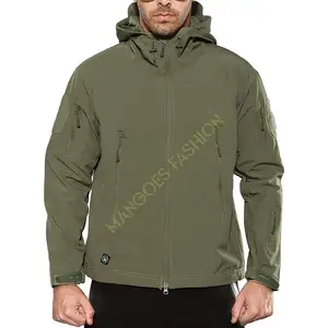 Men's Outdoor Waterproof Soft Shell Hooded Tactical Jacket Polyester Fleece Lining. Breathable Softshell Jacket